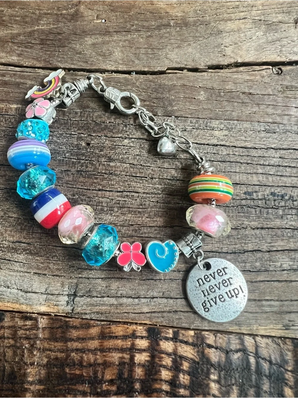 Rainbow Charm Bracelet with Pink Flower Bead